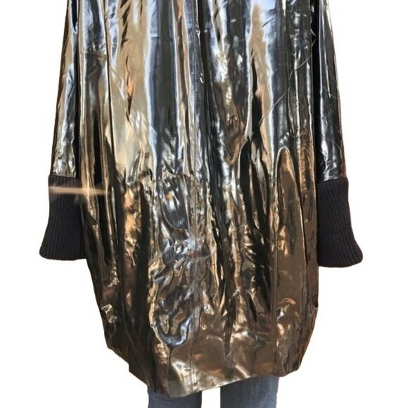 Vintage Anne Klein Black Vegan Leather Overcoat Single Button Jacket Size S - Picture 7 of 8